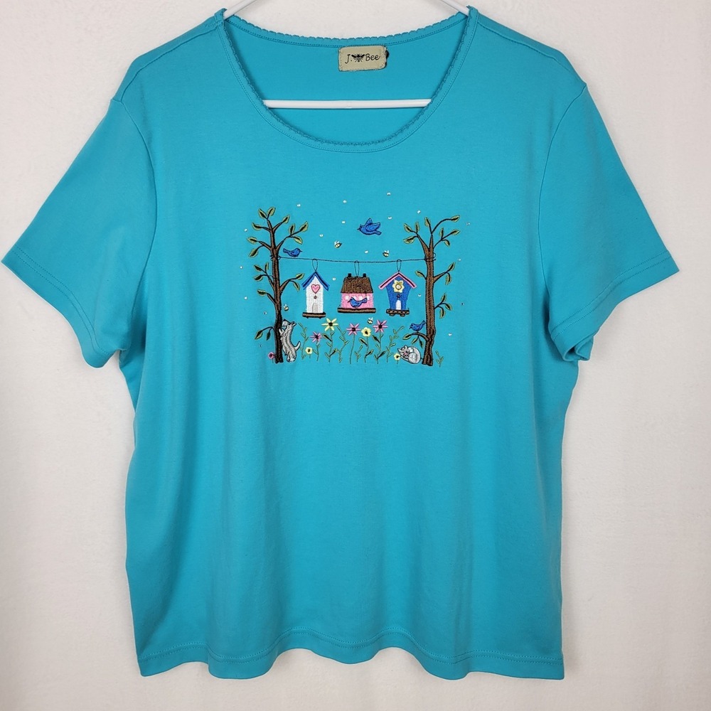 Vintage 90s J. Bee Embroidered Birdhouse T-Shirt Blue Cotton Cottagecore XL